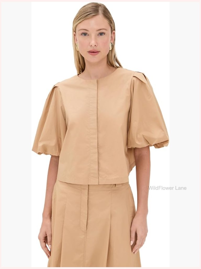 Puff Sleeve Button Down Shirt - Crew Neck - 100% Cotton - Short Sleeve Blouse